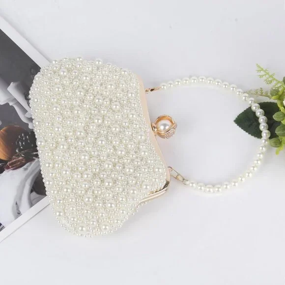 Pearl Clutch Purses for Women Beaded Evening Handbag With Chain for Wedding Part